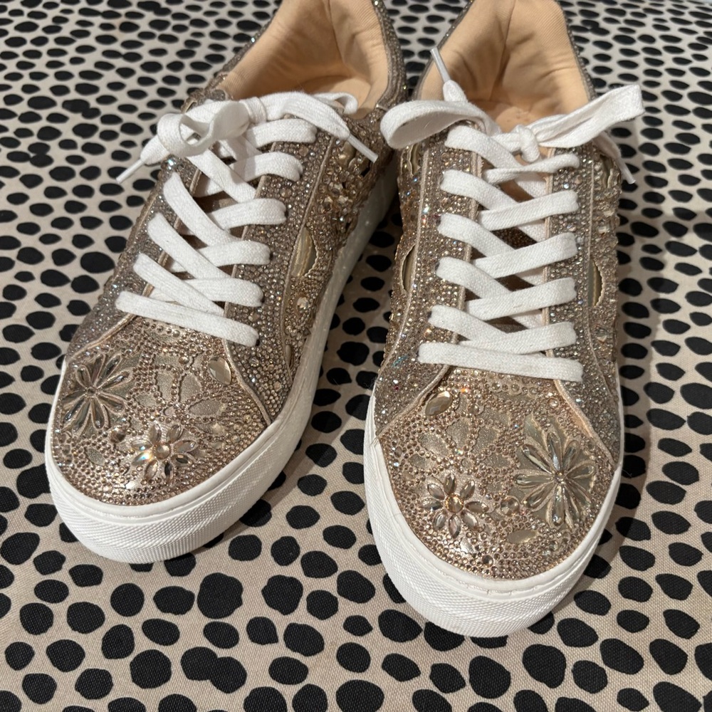 Betsey Johnson Gold Embellished Platform Sneakers, size 9.5